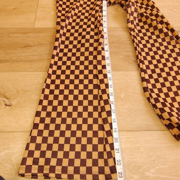 Funky Retro Brown Flared Checkered Pants Junior Size 3 High Elastic Waist - Picture 8 of 8